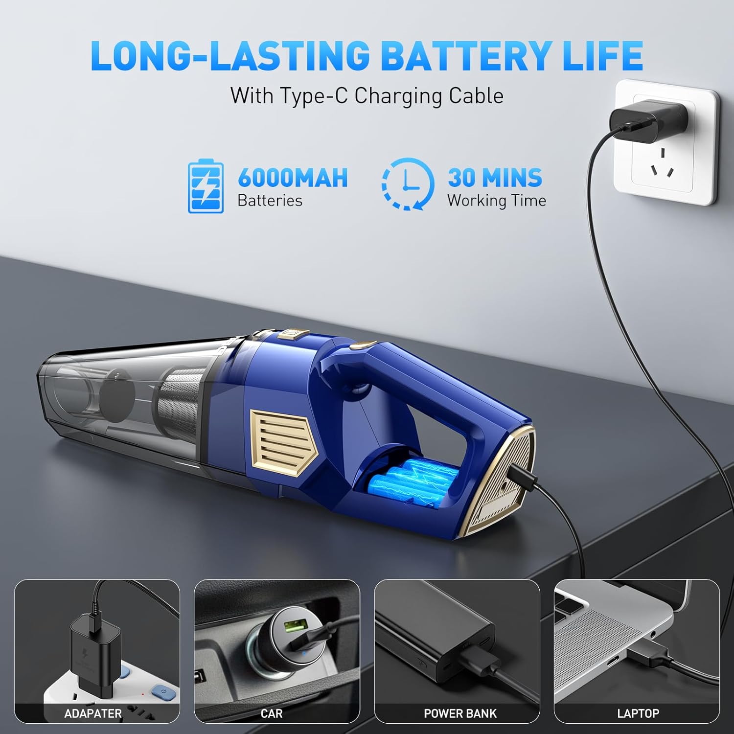 DBHAL Cordless Handheld Vacuum Cleaner with Long-Lasting 6000mAh Battery, Type-C Charging, and 30-Minute Runtime for Car and Home Cleaning