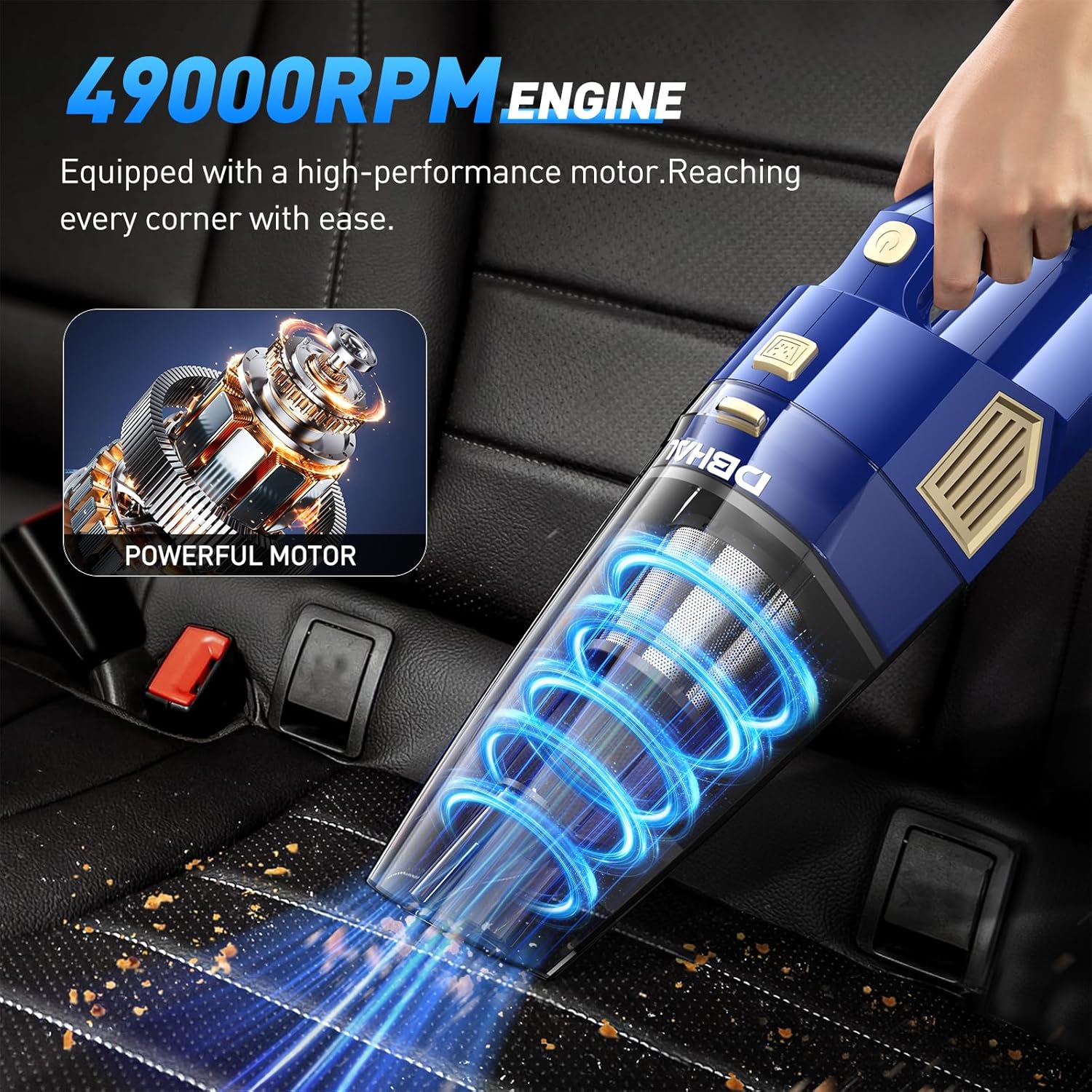 DBHAL Handheld Vacuum Cleaner with 49000RPM High-Performance Motor for Deep Cleaning Car Seats and Interiors