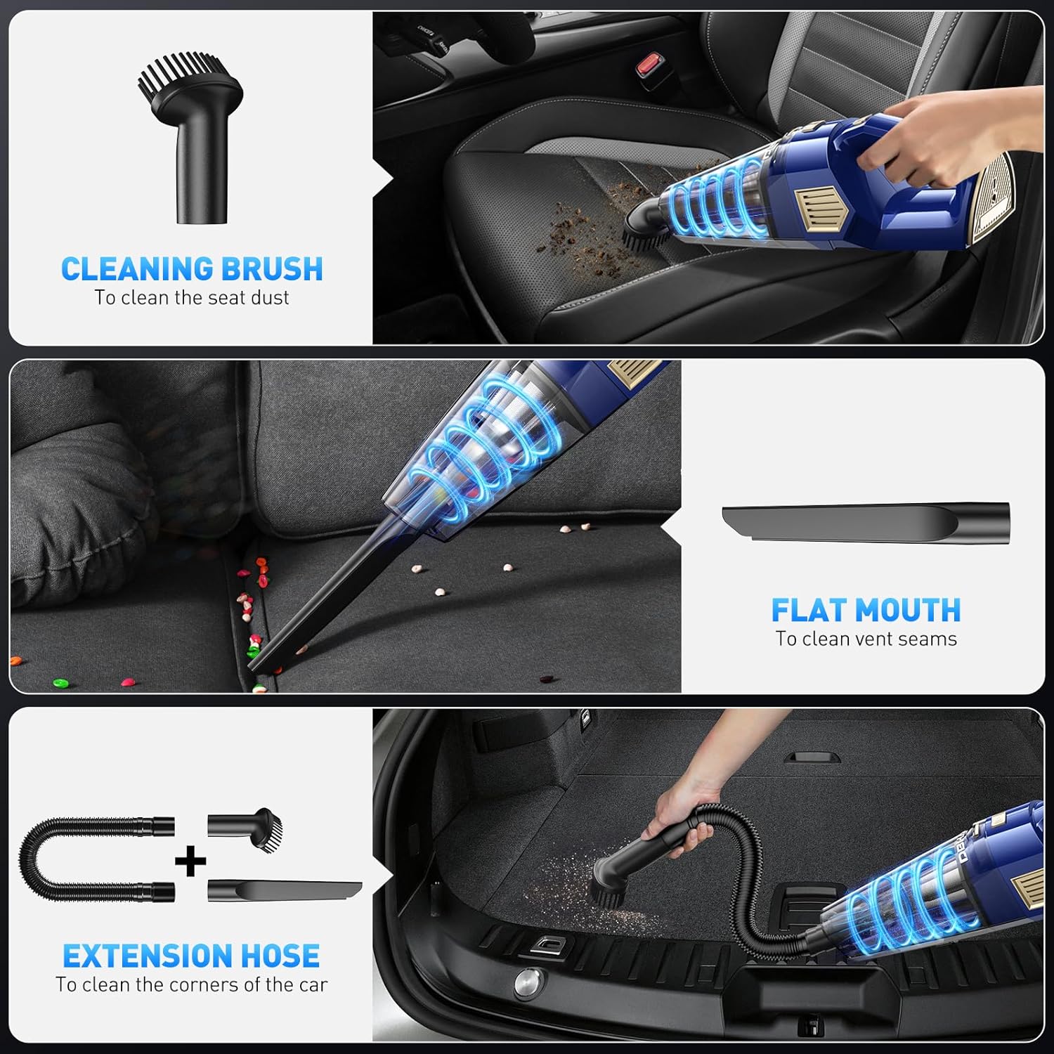 DBHAL Cordless Handheld Vacuum Cleaner with Cleaning Brush, Flat Mouth, and Extension Hose for Versatile Cleaning in Cars and Homes